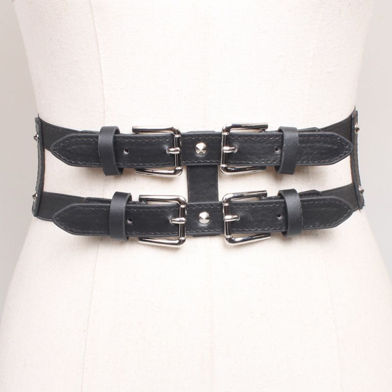 2022 New Women's Elastic Skirt Decorative Double Row Wide Belt Black