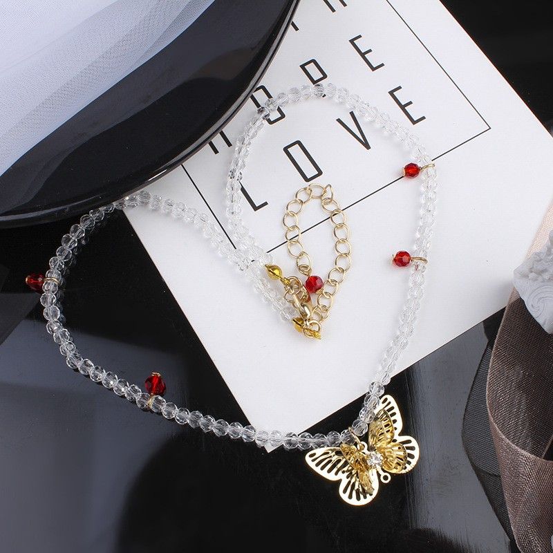 Women's Fashion Butterfly Alloy Necklace Beaded Splicing Hollow Out Necklaces