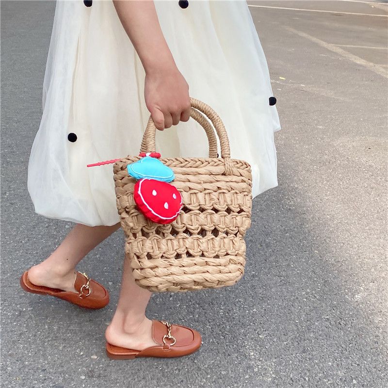 Small Straw Solid Color Fashion Weave Basket-shaped Open Straw Bag