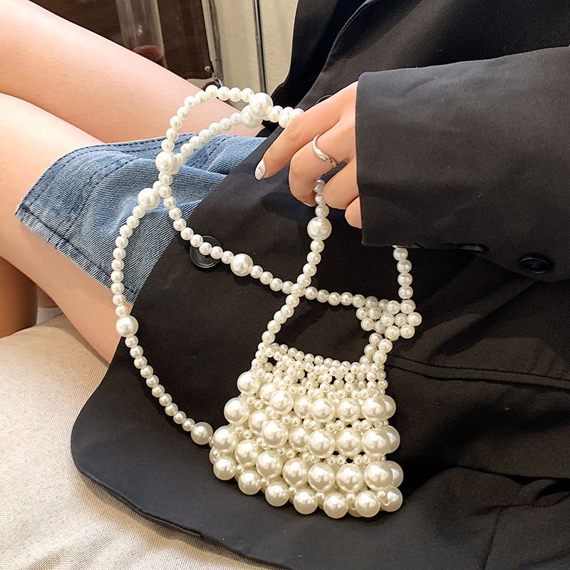 Solid Color Pvc Rhinestone Metal Buckle Open Bucket Type Flower Shoulder Strap Hollow Out Short Handheld Pearl Flower Shoulder Strap Big Pearl Shoulder Bags