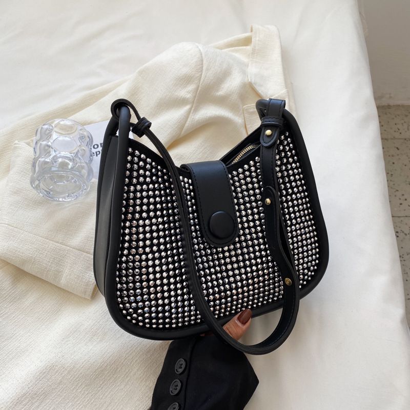 Geometric Pattern Punk Artificial Leather Rhinestone Zipper Square Black Shoulder Bags