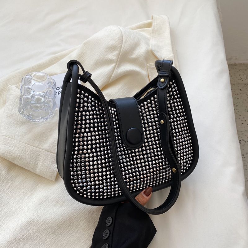 Motif Géométrique Punk Artificielle En Cuir Strass Zipper Carré Le Noir Sacs À Bandoulière