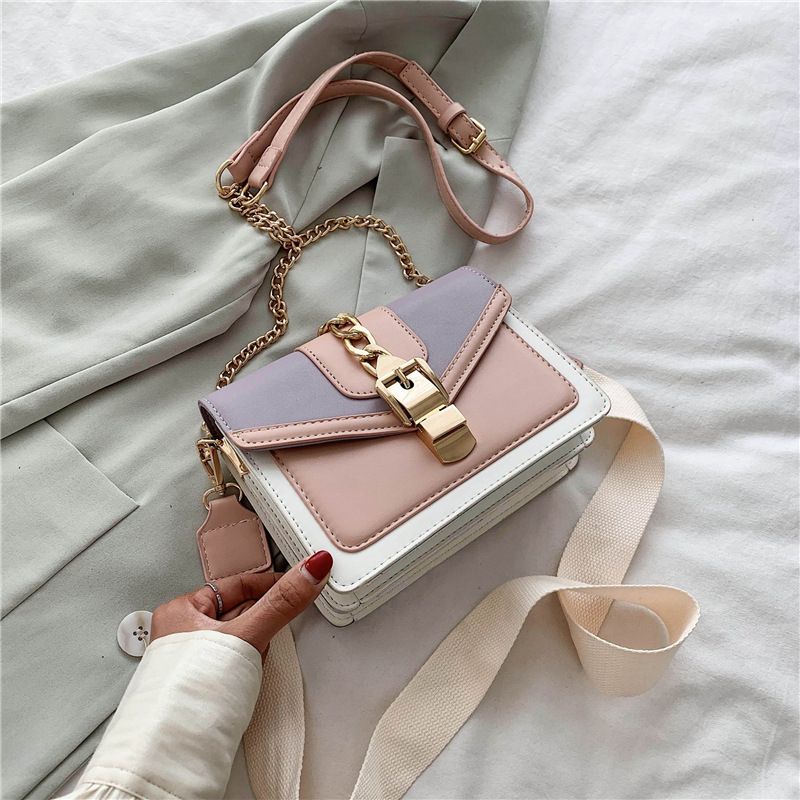 Small Artificial Leather Solid Color Fashion Contrast Color Chain Square Buckle Crossbody Bag