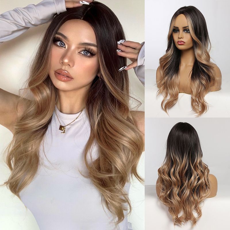 Women's Fashion Brown Party Chemical Fiber Centre Parting Long Curly Hair Wigs