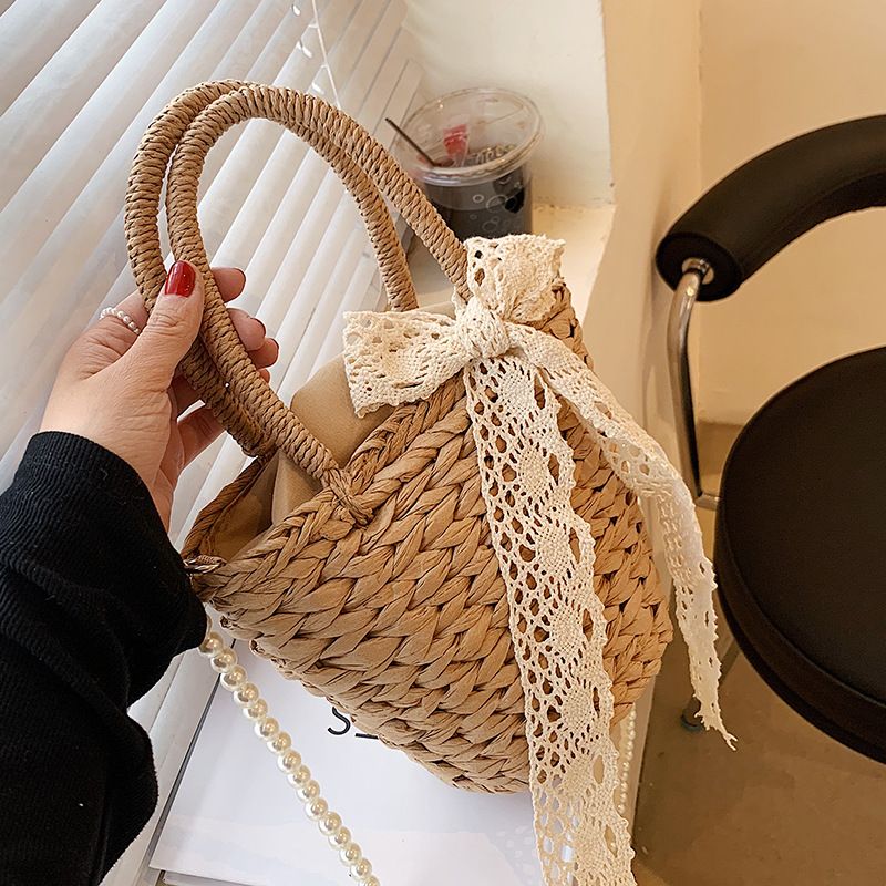 Women's Straw Solid Color Vacation Fashion Pearl Bowknot Bucket Shape Zipper Handbag Crossbody Bag