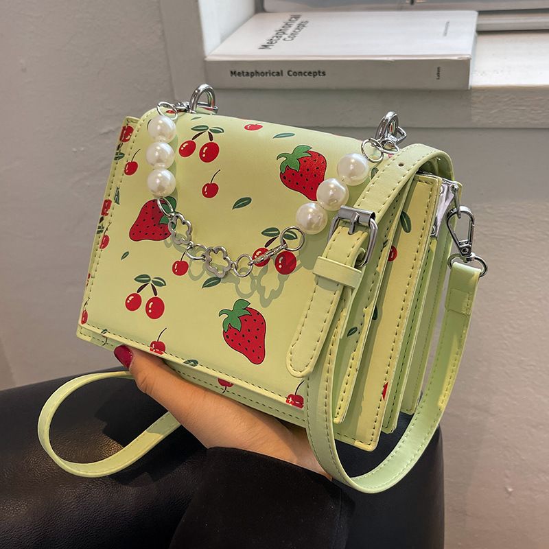 Women's Elegant Fashion Fruit Printing Pearls Square Flip Cover Shoulder Bag Square Bag Artificial Leather Handbags