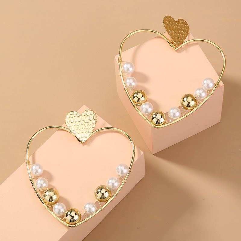 Bijoux En Gros 1 Paire Mode Cœur Alliage Perles Artificielles Des Boucles D'oreilles