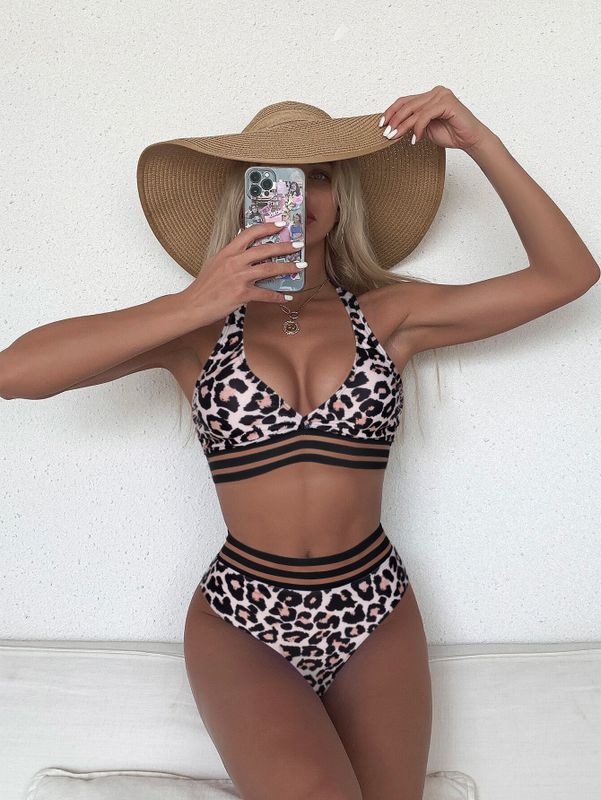 Vacaciones Moda Raya Estampado De Leopardo Poliéster Bikinis