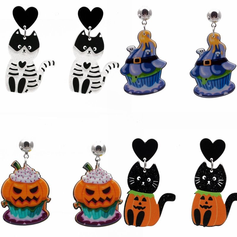 Women's Men's Fashion Halloween Pattern Cat Acrylic Earrings Animal Pattern No Inlaid Drop Earrings