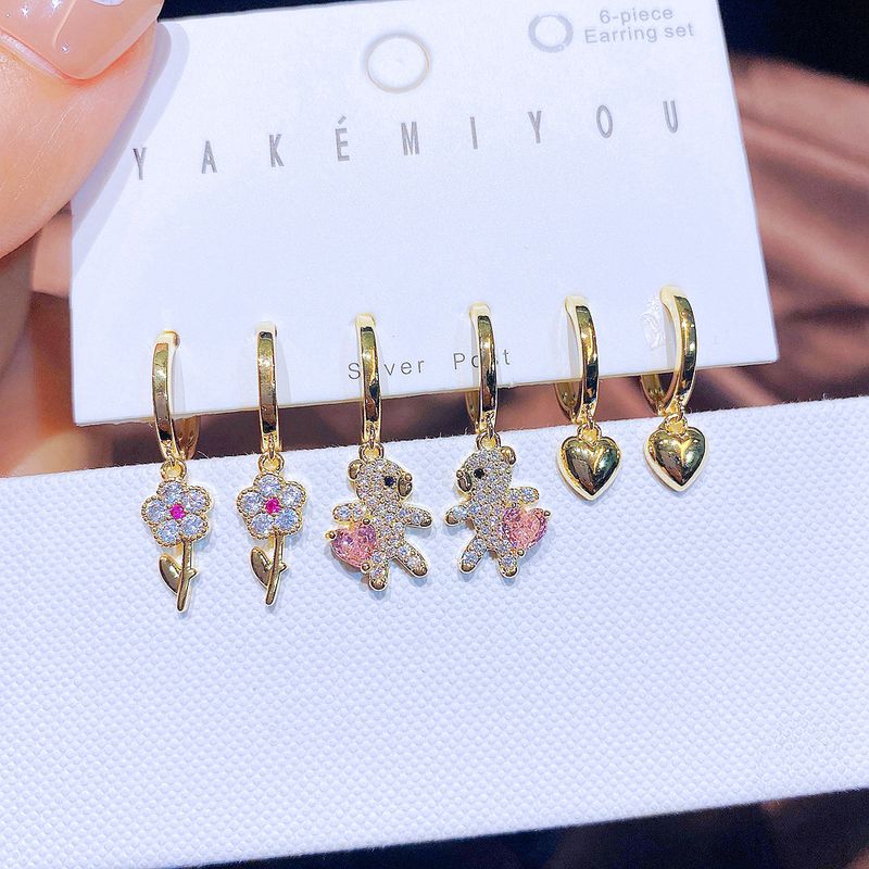 Yakemiyou Cute Fashion Cartoon Character Heart Shape Flowers Copper Inlaid Zircon Zircon Earrings 6 Pieces