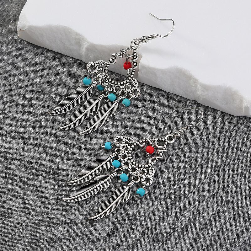 Ethnic Style Tassel Feather Alloy Plating Turquoise Earrings