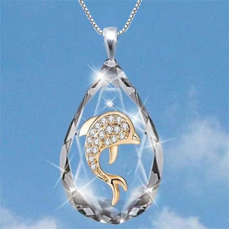 Damen Mode Wasser Tropfen Dolphin Glas Anhänger Halskette Inlay Strass Glas Halsketten