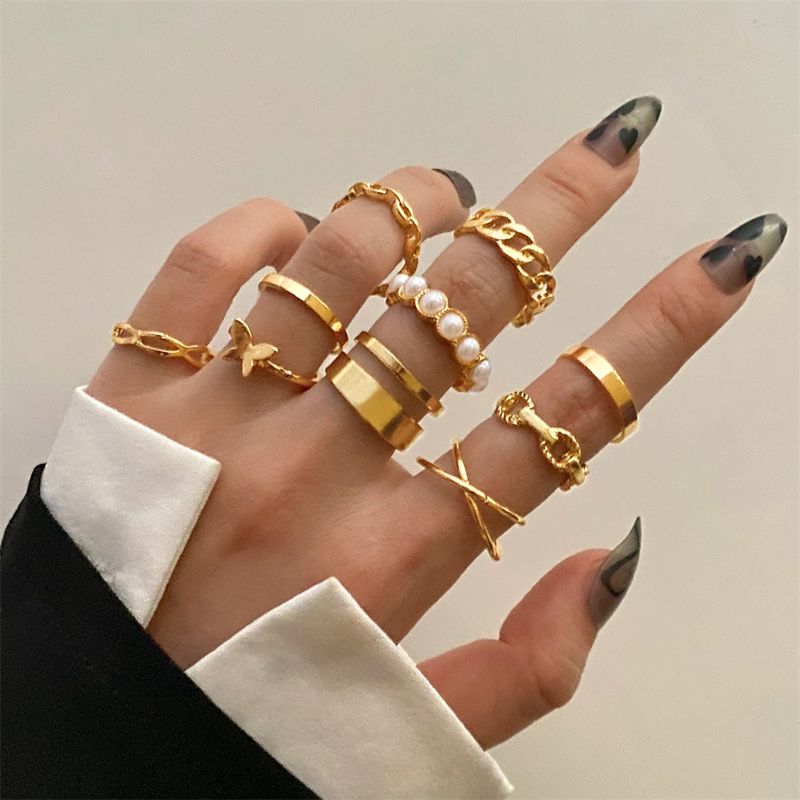 New Butterfly Pearl Ring 10-piece Set Adjustable Europe And America Cross Border Fashion Ins Ring Set For Women