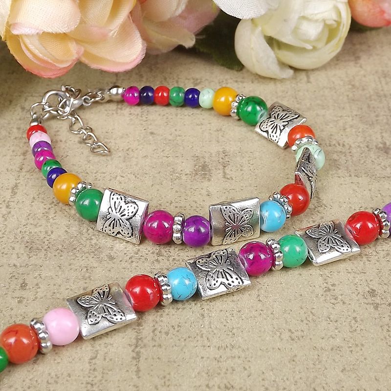 Retro Ethnic Style Colorful Butterfly Alloy Beaded Bracelets