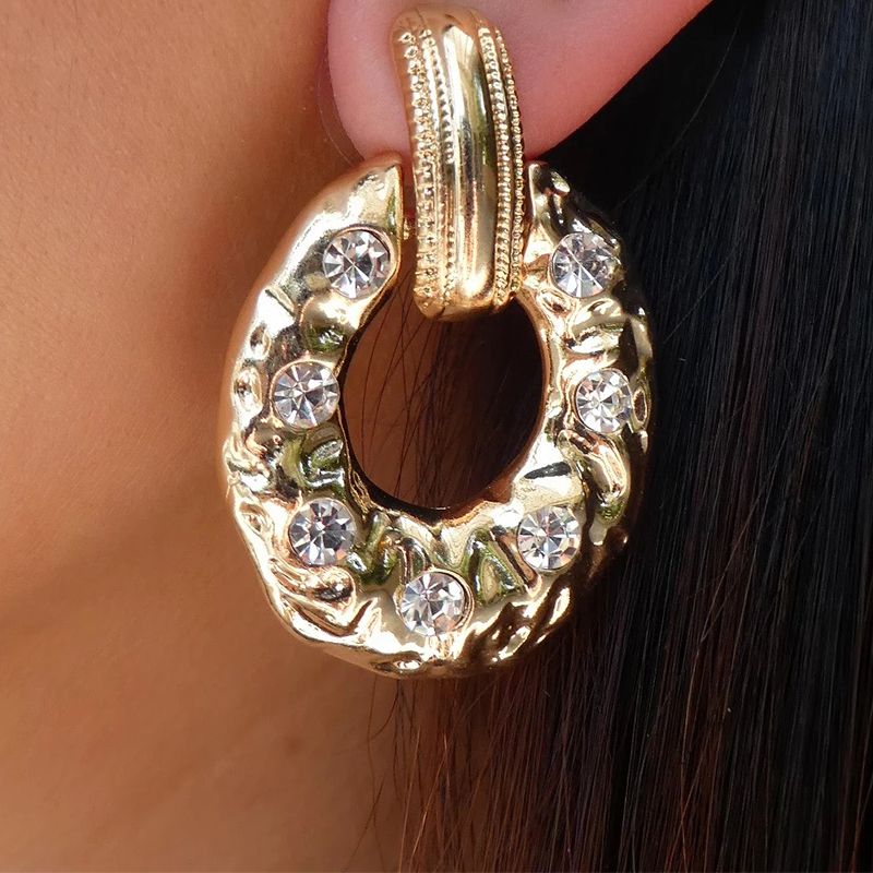 Women's Fashion Round Alloy Earrings Gold Plated Rhinestone Earrings