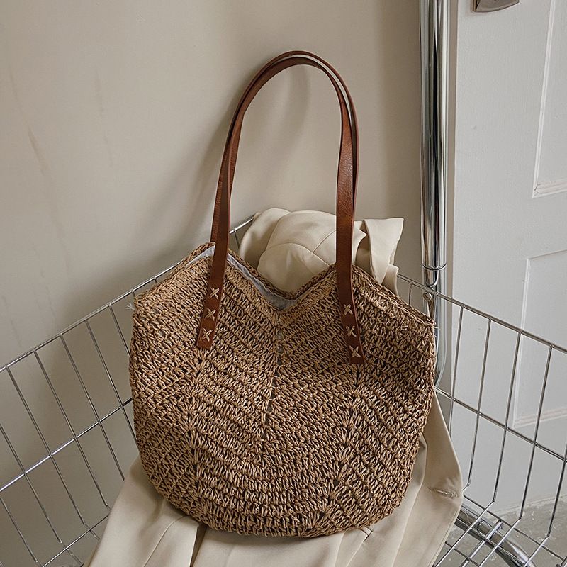 Women's Straw Solid Color Fashion Weave Square Magnetic Buckle Straw Bag