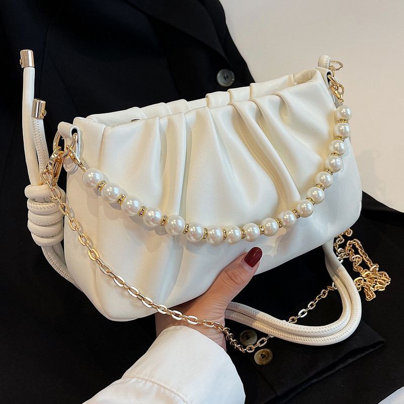 Women's Pu Leather Solid Color Fashion Pearl Pleated Chain Zipper Crossbody Bag