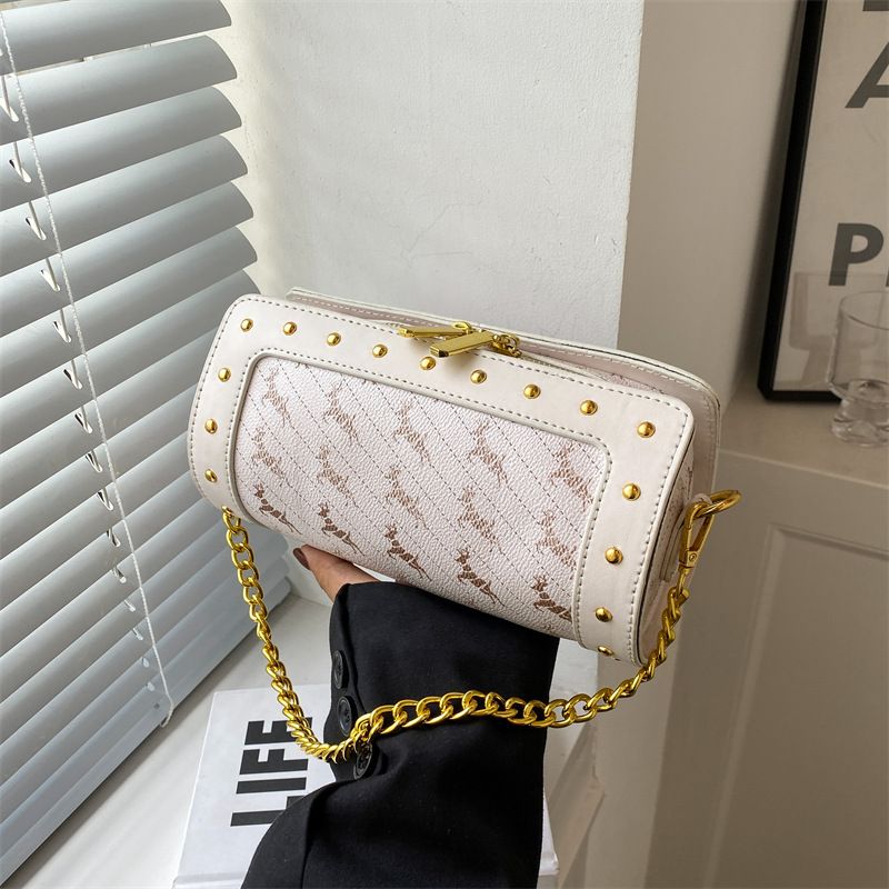 Women's Elegant Fashion Printing Soft Surface Cylindrical Zipper Shoulder Bag Round Bag Pu Leather Shoulder Bags