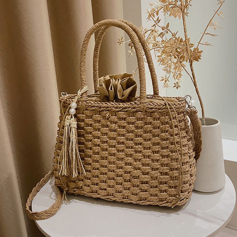 Women's Straw Solid Color Vacation Fashion Weave Soft Surface Square String Shoulder Bag Handbag