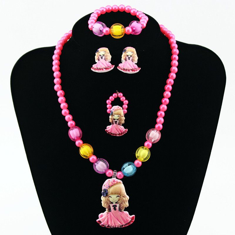 Children's Korean Ornament Set Girls Necklace And Earrings Suite Cartoon Girl Four-piece Set Wholesale