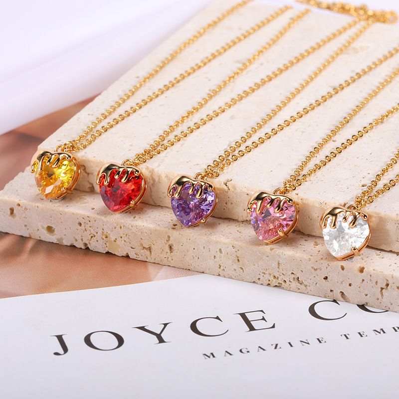 Fashion New Style Multi-color Heart Zircon Pendant Copper Necklace