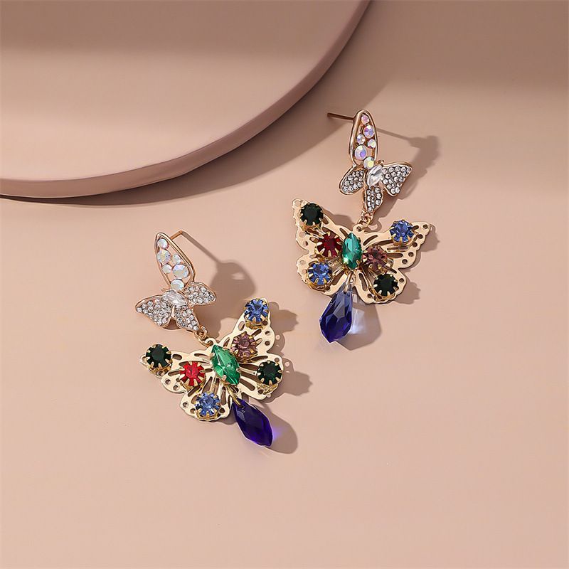 New Style Creative Colorized Butterfly Alloy Inlaid Rhinestone Earrings
