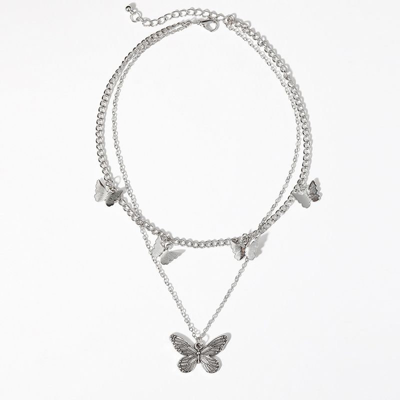 Fashion Silvery Adjustable Double Layer Pendant Heart Butterfly Alloy Necklace