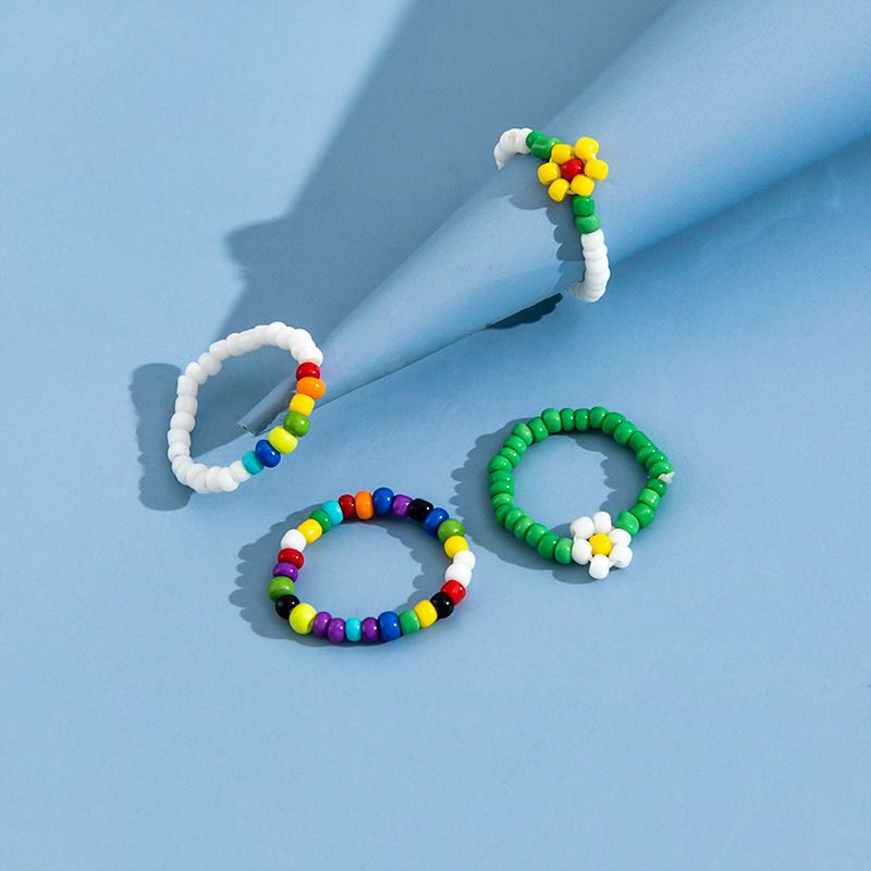 New Arrival Beach Series Colorful Bead Small Flower Elastic Toe Ring 4-piece Set