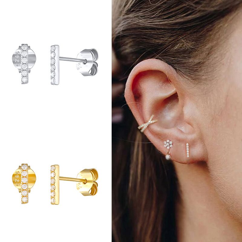 Women's Fashion Geometric Sterling Silver Zircon Ear Studs Gold Plated 925 Silver Earrings