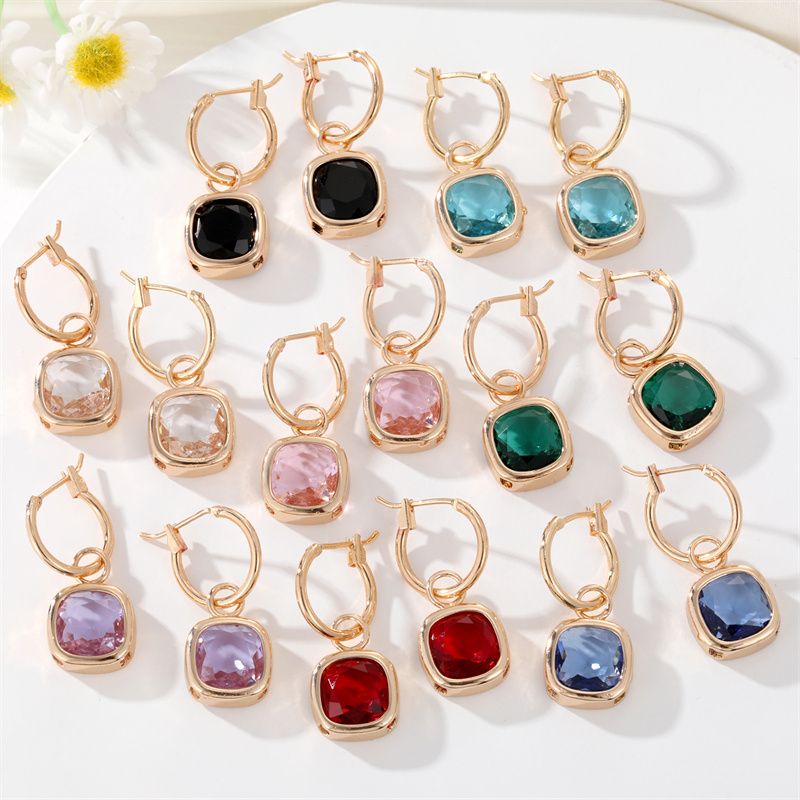 Fashion New Square Gem Retro Golden Inlay Crystal Alloy Earrings
