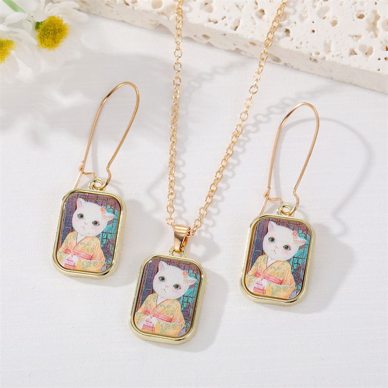 New Cute Style Cat Oil Painting Square Pendant Earrings