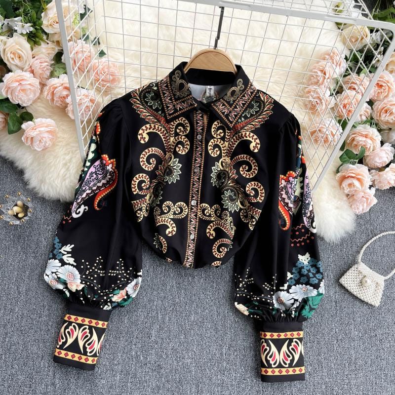 Retro Totem Printed Lantern Long Sleeve Lapel Shirt