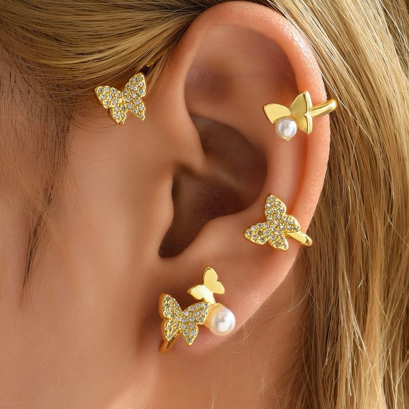 Women's Fashion Sweet Simple Style Butterfly Copper Gold Plated Earrings Plating Zircon Earrings
