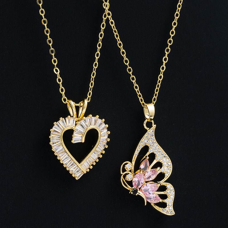 Fashion Heart Shape Butterfly Copper Pendant Necklace Inlay Zircon Copper Necklaces