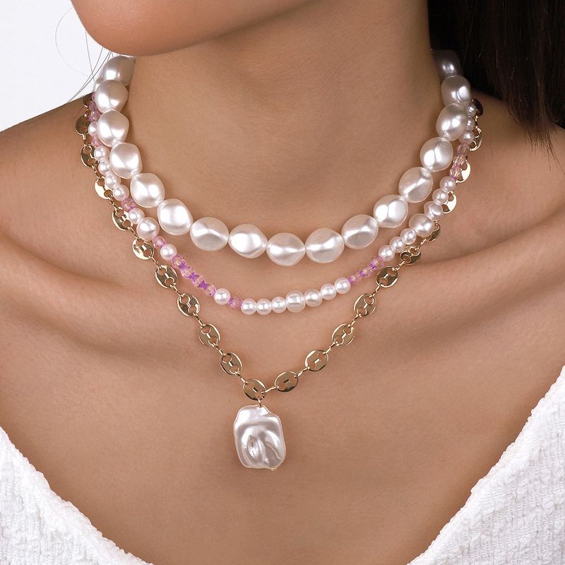 Wholesale Jewelry Fashion Geometric Imitation Pearl Resin Iron Layered Plating Necklace