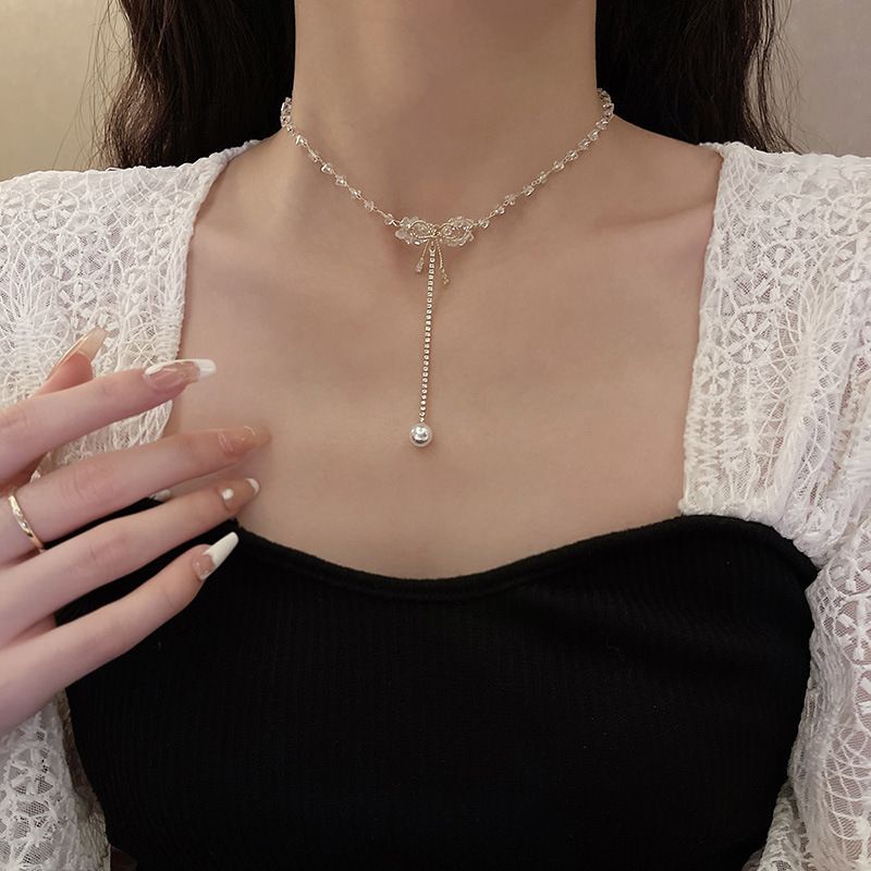 Mode Bogenknoten Rostfreier Stahl Halskette Kristall Künstliche Perle Edelstahl Halsketten