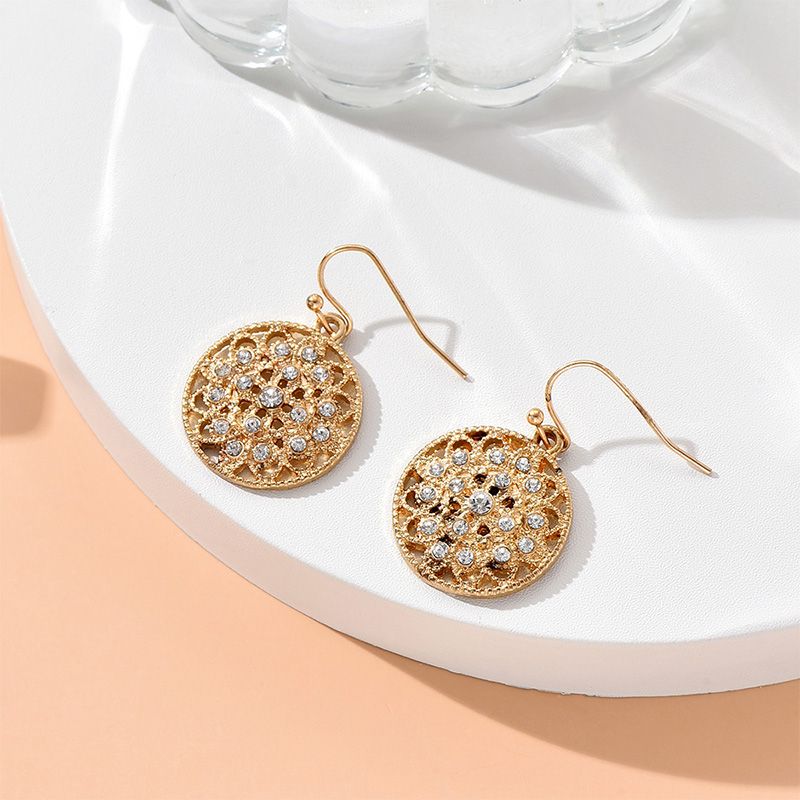 Fashion Round Alloy Hollow Out Inlay Rhinestone Earrings