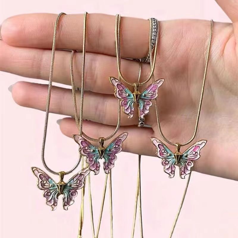 Fairy Style Butterfly Alloy Lacquer Painting Necklaces