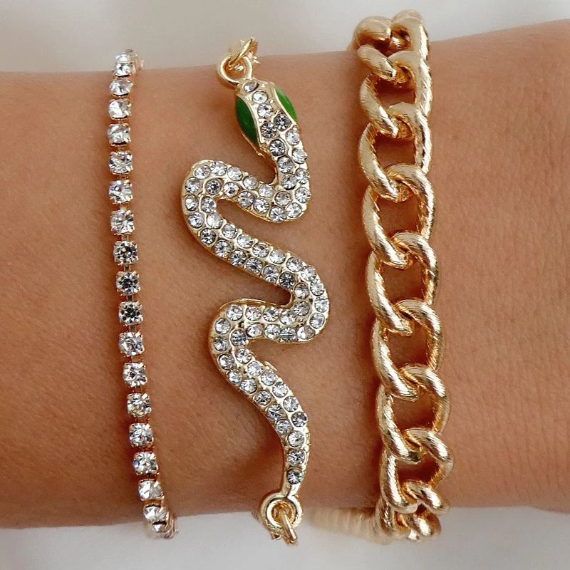 Fashion Snake Alloy Plating Rhinestone Bracelets 3 Pieces