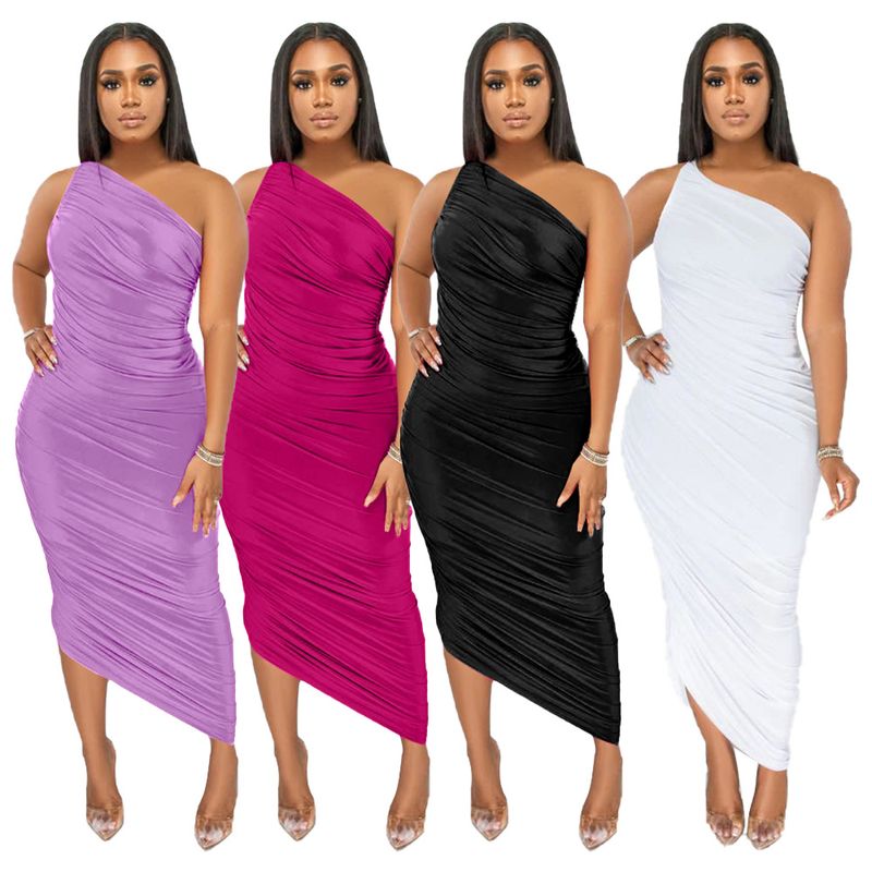 Femmes Jupe Crayon Sexy Oblique Épaule Style Épissage Manche Longue Couleur Unie Maxi Longue Robe Du Quotidien