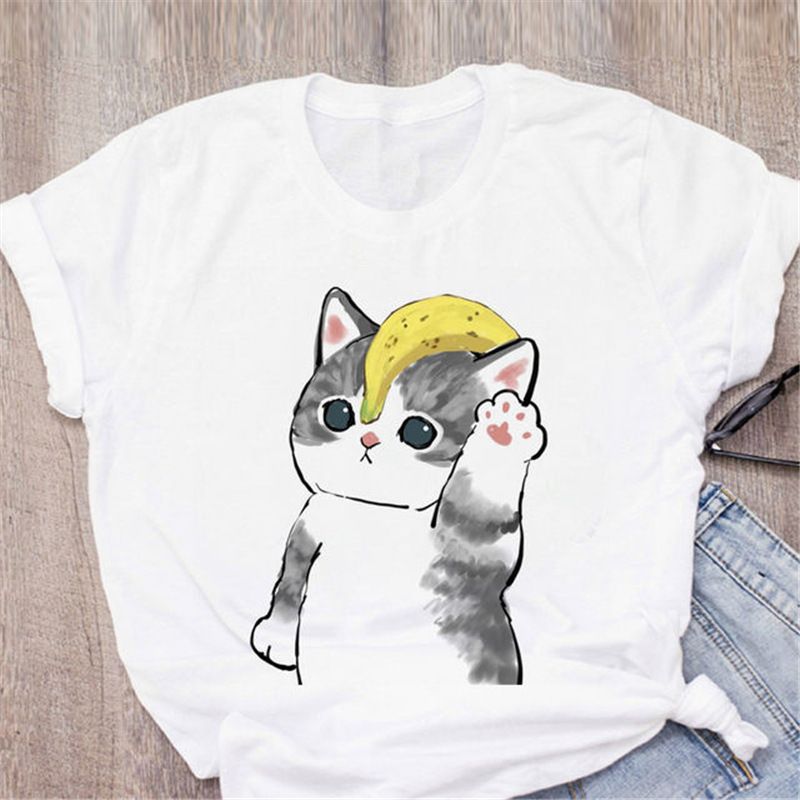 Camiseta De Mujer De Manga Corta Con Estampado De Gato De Fruta Casual