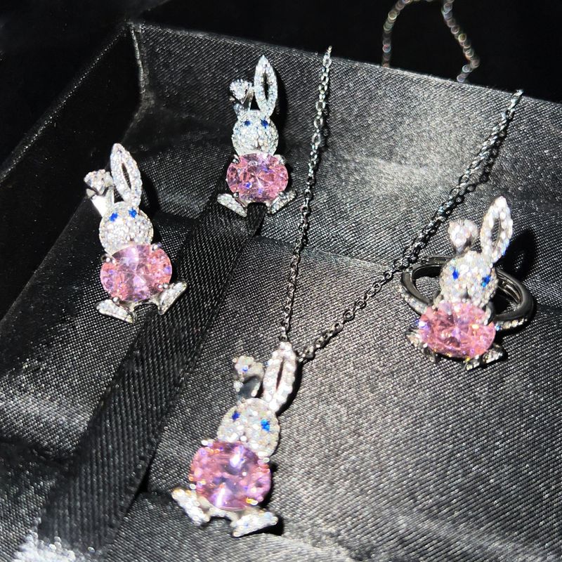 Fashion Rabbit Copper Inlay Artificial Gemstones Rings Earrings Necklace