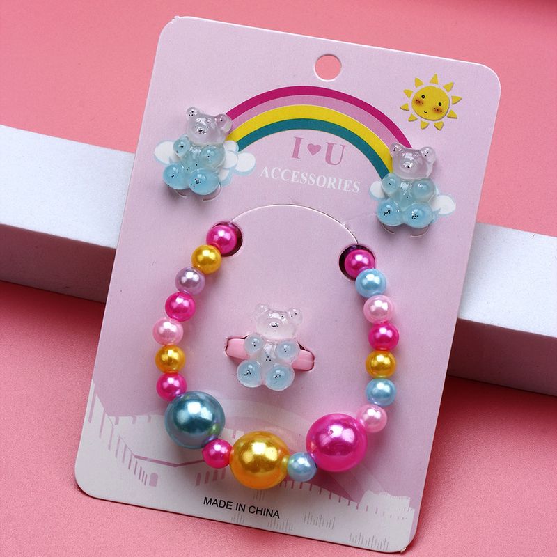 Cute Bear Resin Beaded No Inlaid Rings Bracelets Earrings 3 Piece Set