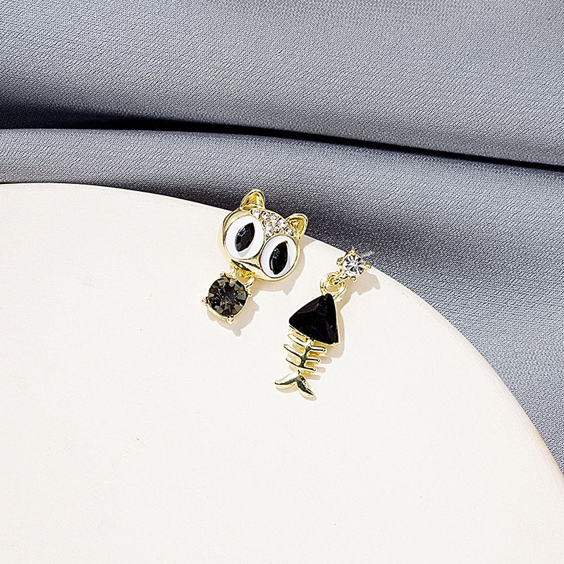 Cartoon Style Cat Fish Bone Alloy Plating Rhinestone Earrings