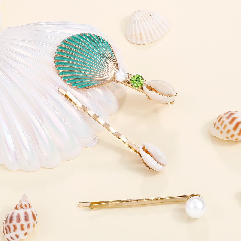 Beach Shell Alloy Metal Artificial Pearl Hair Clip 1 Set