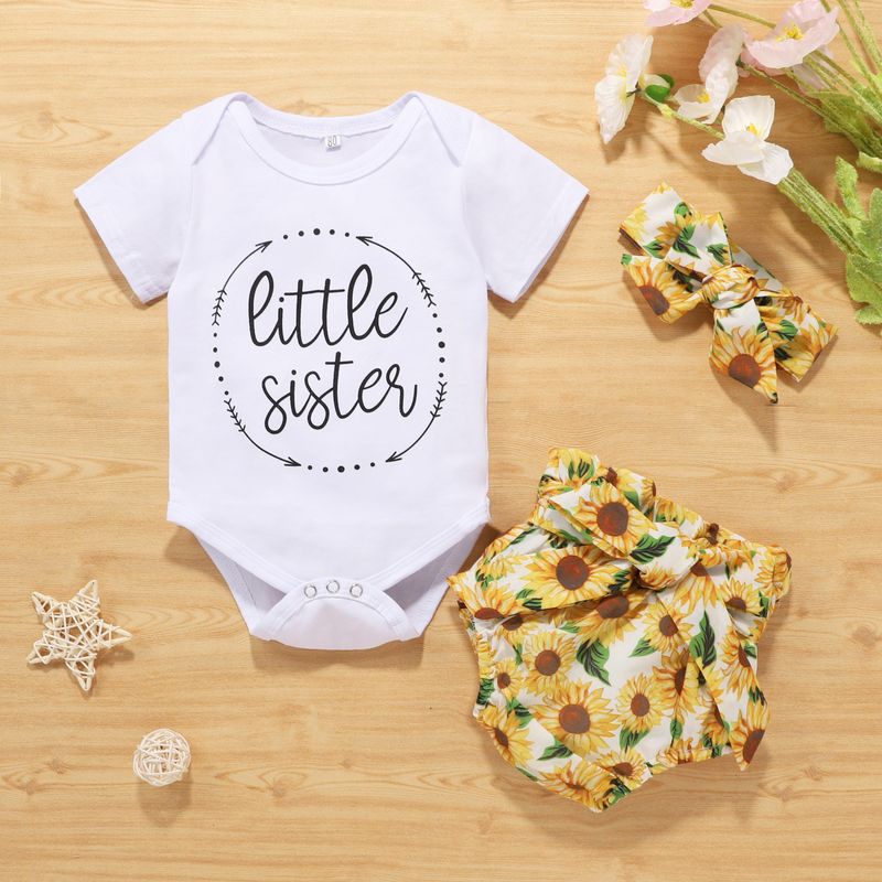 Basic Sunflower Letter Cotton Printing Belt Bowknot Shorts Sets Baby Clothes