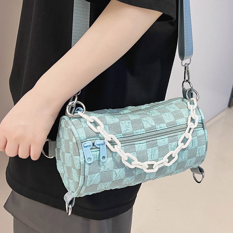 Women's Nylon Plaid Fashion Cylindrical Zipper Crossbody Bag