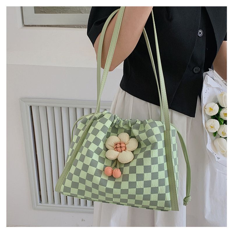 Fashion Plaid Flowers String Tote Bag