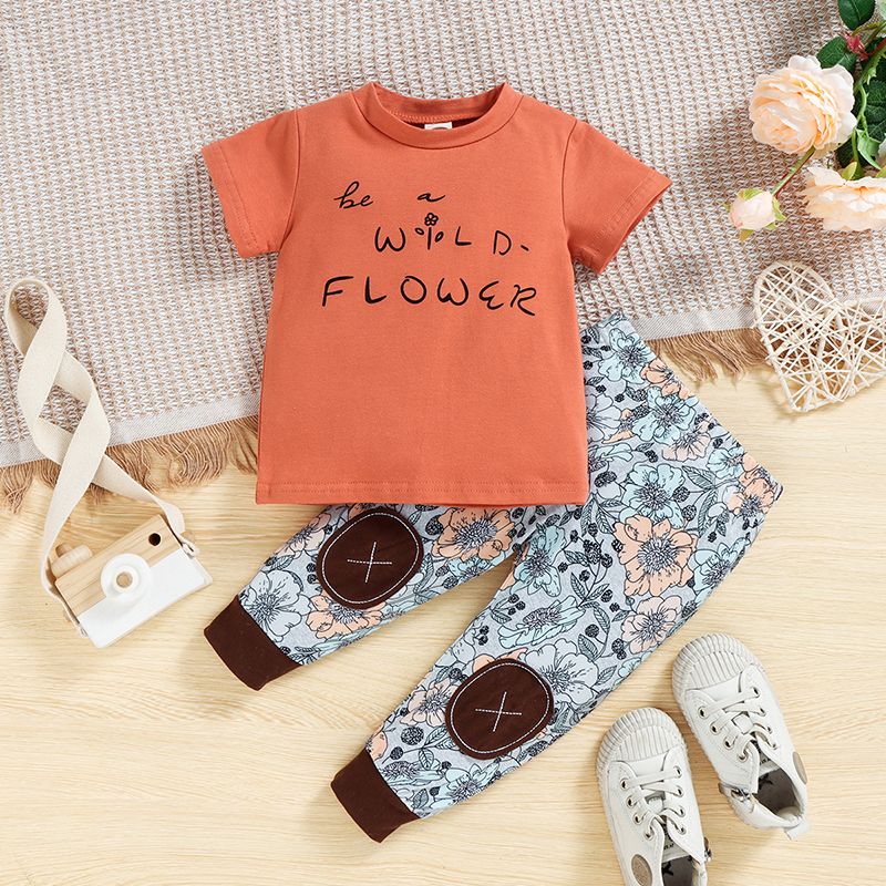 Brief Blume Baumwolle Polyester Drucken Spleißen Hosen-sets Baby Kleidung