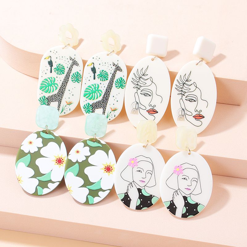 Fashion Portrait Flower Giraffe Arylic Slice Printing Painted Drop Earrings